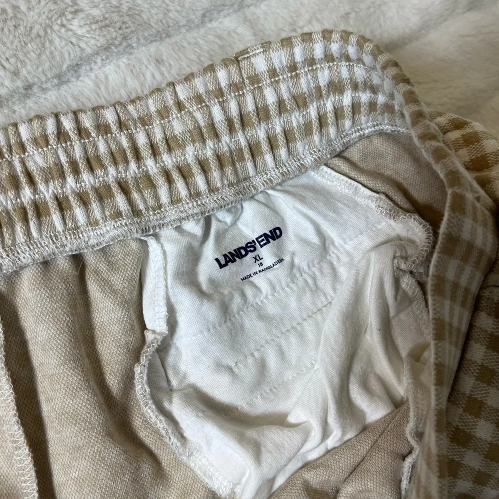 Lands End XL Tan White Gingham Plaid Wide Leg Crop Pull On Casual Coastal Pants